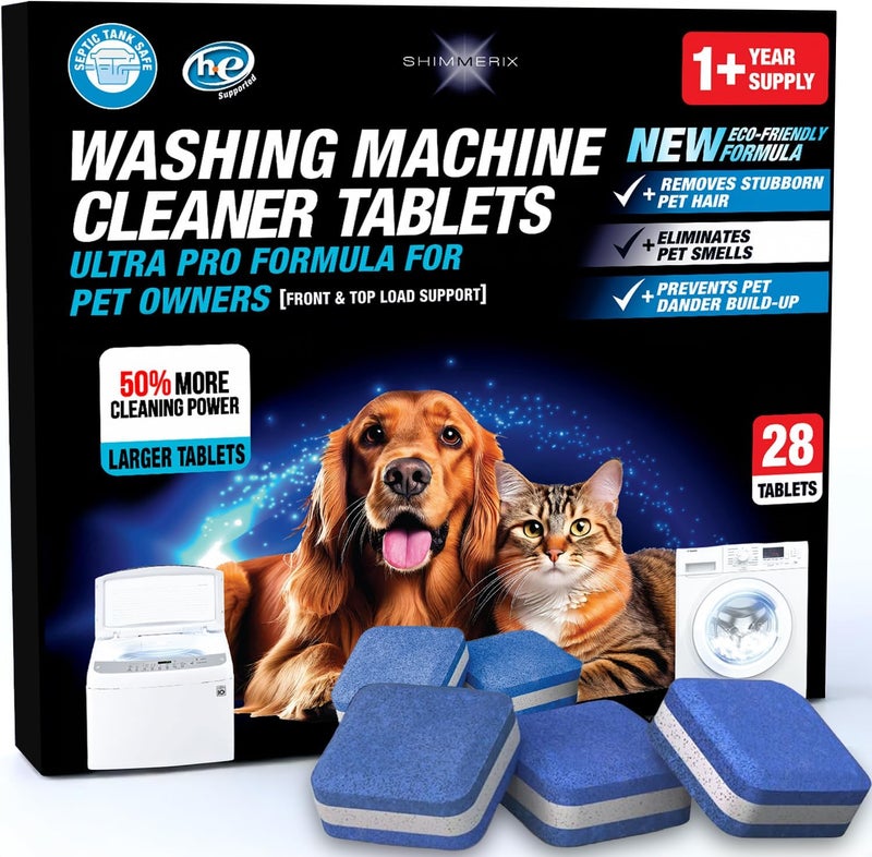 SHIMMERIX Washing Machine Cleaner New Ultra Pro Tablets 50% Stronger Formula for Pet - 28 Pack, HE Front & Top Load, Washer Deep Cleaning, Remove Tough Pet Hair, Odors, Residue & Grime, No Dander Build-up - Image 1